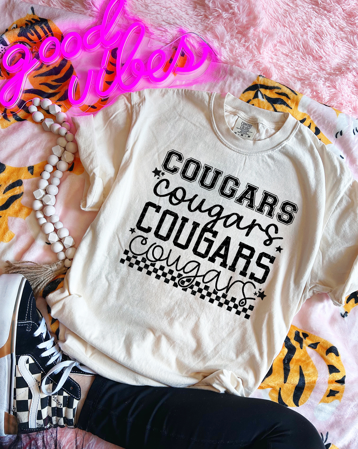 Cougars Varsity And Cursive Font Checkers Black 86619 DTF Transfer