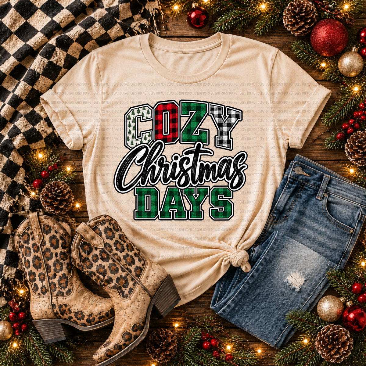 Cozy Christmas Days -Plaid and Tree Font (Revel) DTF Transfer