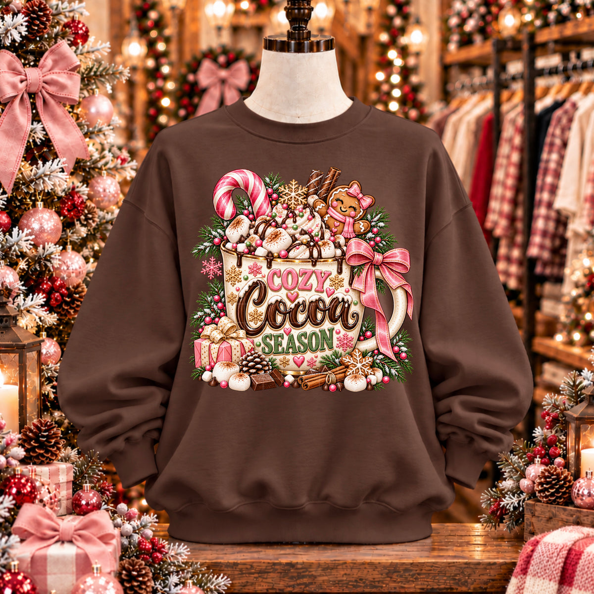 Cozy cocoa season gingerbread in mug with pink bow (SDD) DTF Transfer