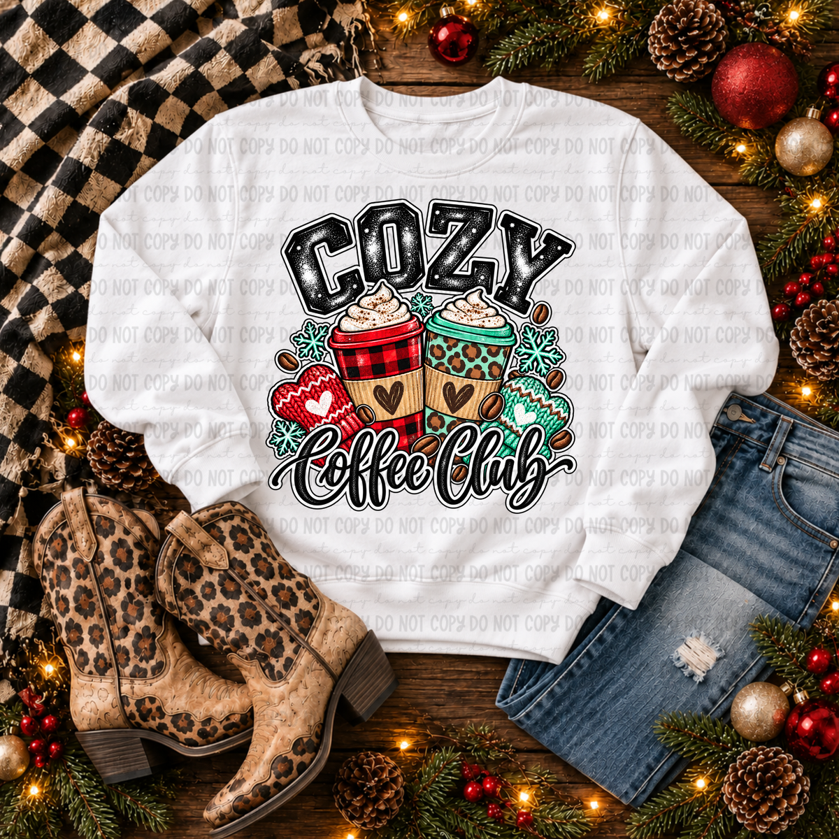 Cozy coffee club-red and teal coffee cups (Revel) DTF Transfer