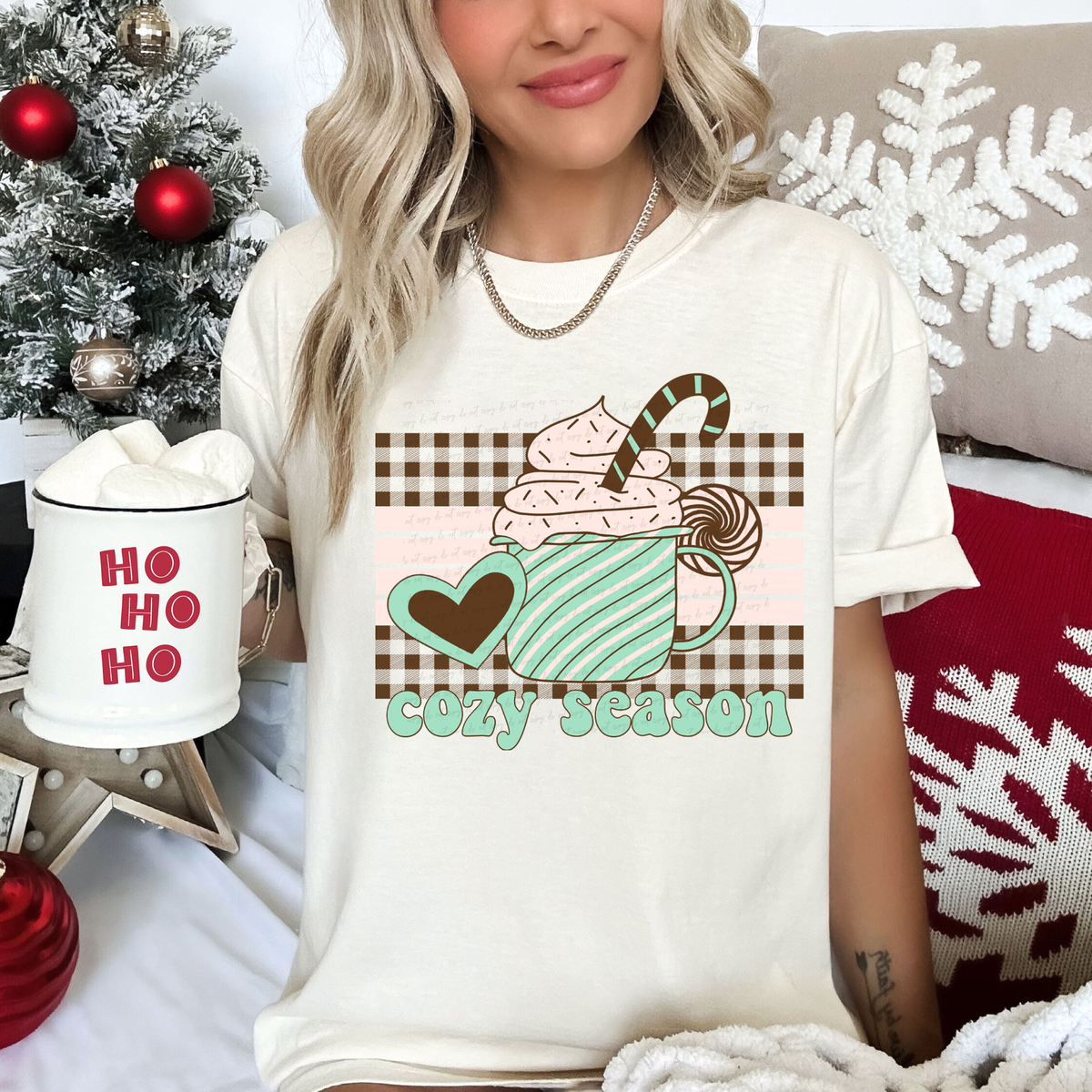 Cozy Season Mug Mint Color with Brown Hearts and Checkered 114790 DTF transfer