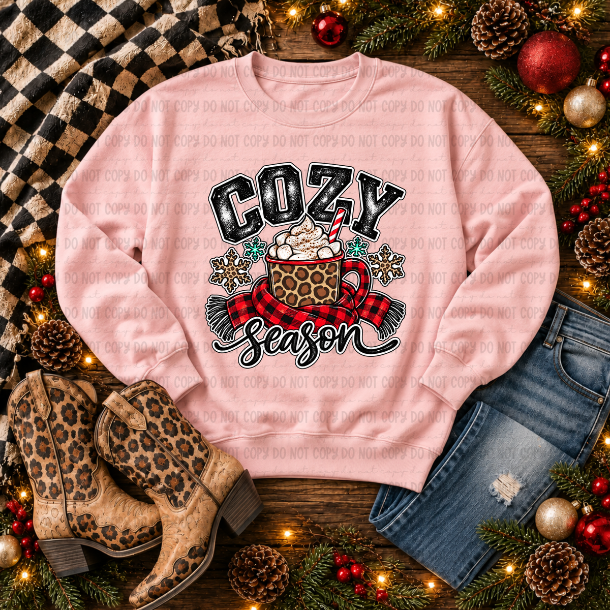 Cozy Season- hot coco mug wrapped in plaid scarf (Revel) DTF Transfer