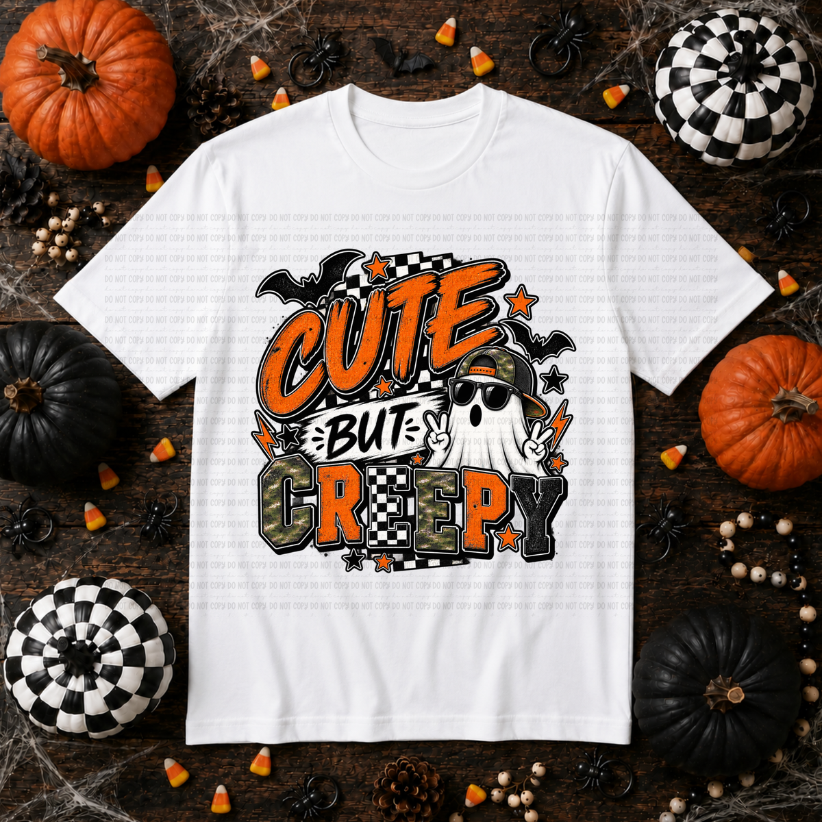 Cute but creepy camo orange and checkered print (Revel) DTF transfer