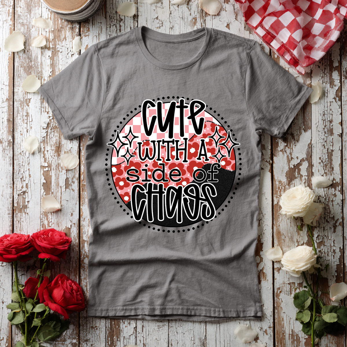 Cute with a side of chaos pink checkered circle with faux glitter (Revel) DTF Transfer