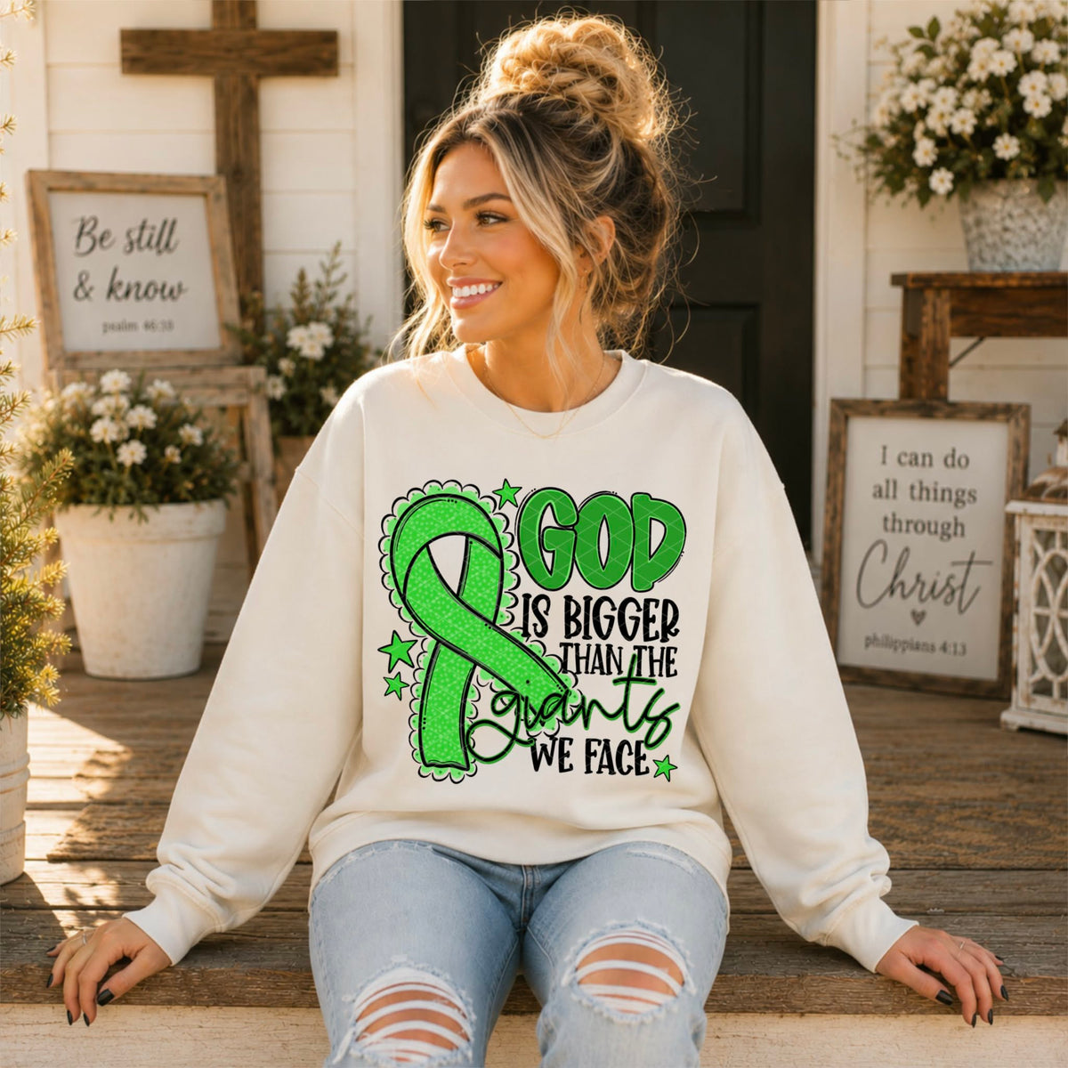 God is bigger than the giants we face LIME GREEN  ribbon (SDD) DTF Transfer