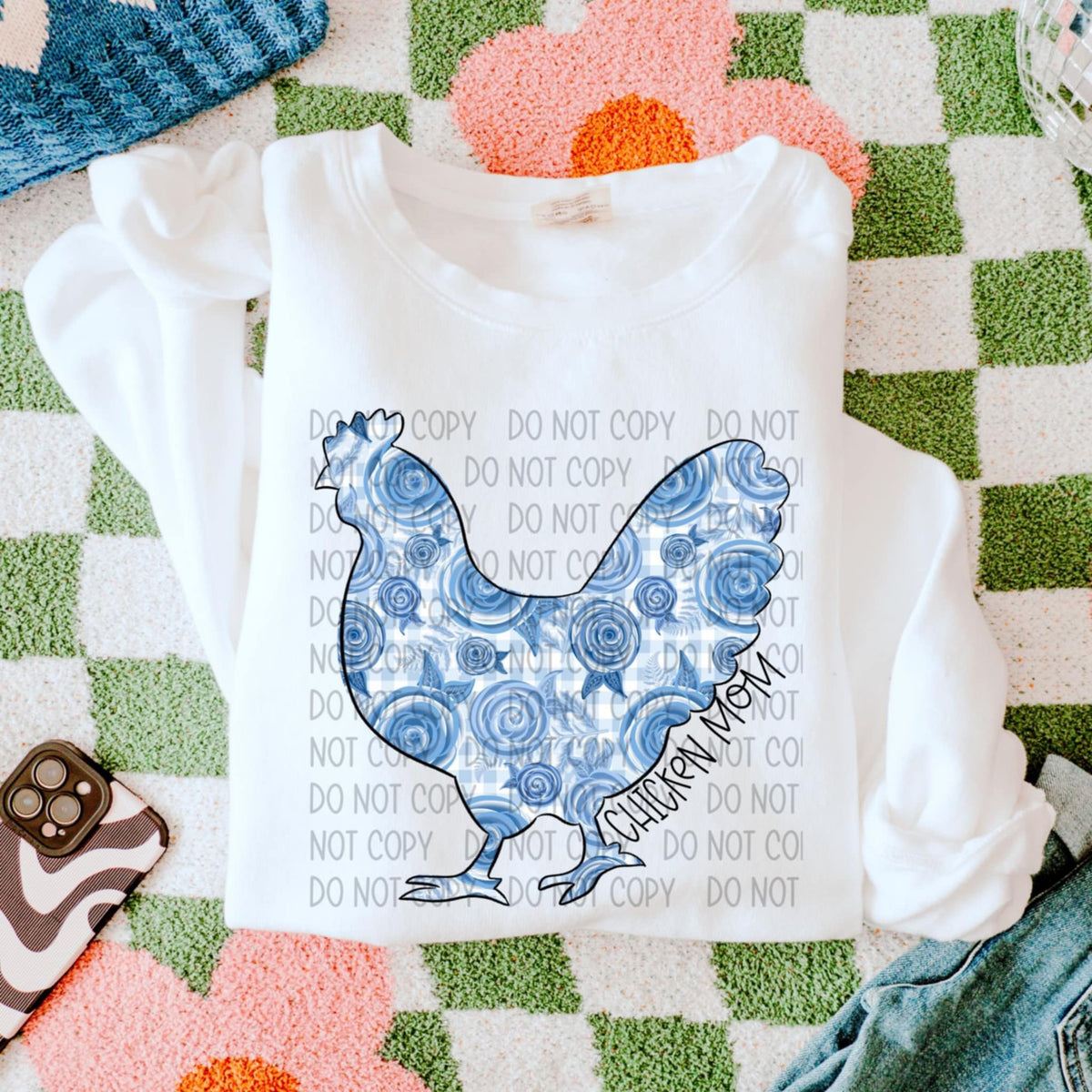 Chicken mom blue floral animal (SWD) 90048 DTF transfer