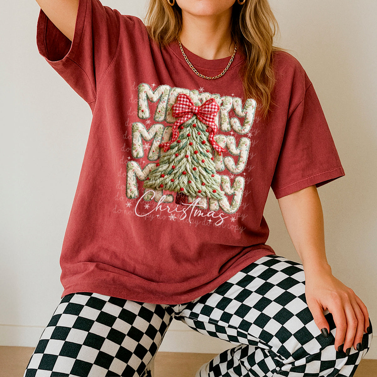 Merry Christmas Stacked with faux yarn tree 117413 DTF Transfer