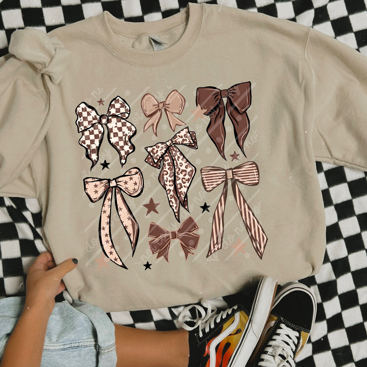 Patterned bows collage with brown (scarlow) DTF Transfer