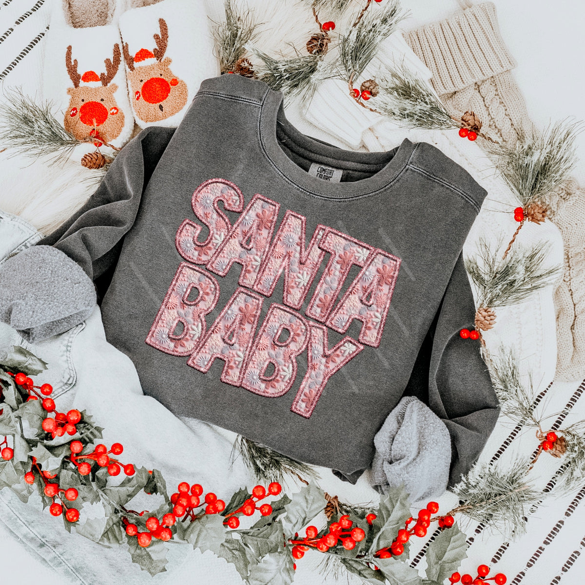 Santa Baby Pink florals faux embroidery 111670 DTF transfer