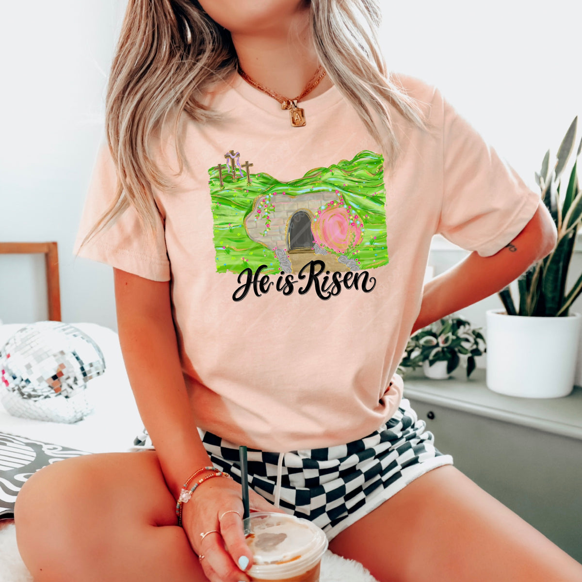 He is risen (bright green grass) black words DTF Transfer