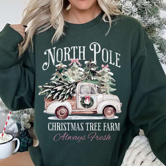 North Pole Christmas tree farm pink truck white font 70414 DTF transfer