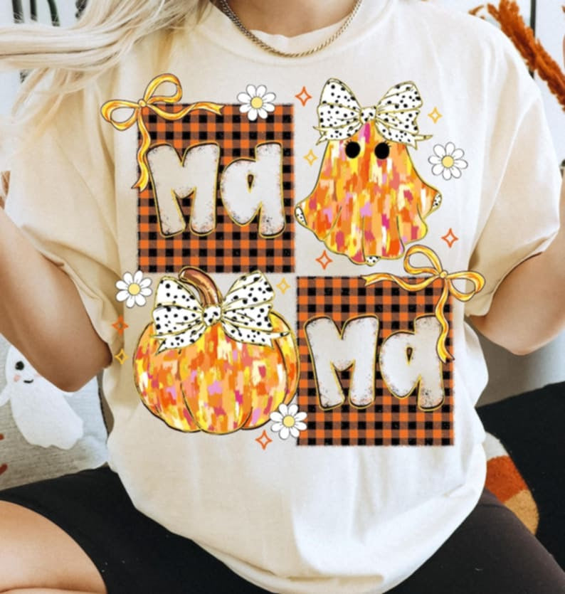 Mama plaid with pumpkin and ghost DTF transfers