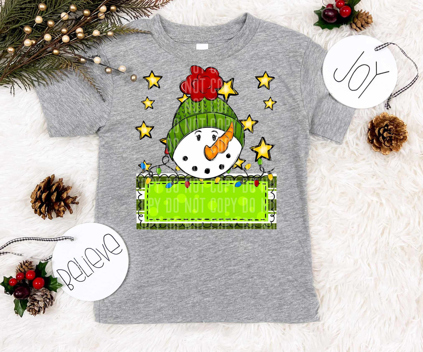 Snowman green name tag yellow stars (caplinger) 73049 DTF transfer