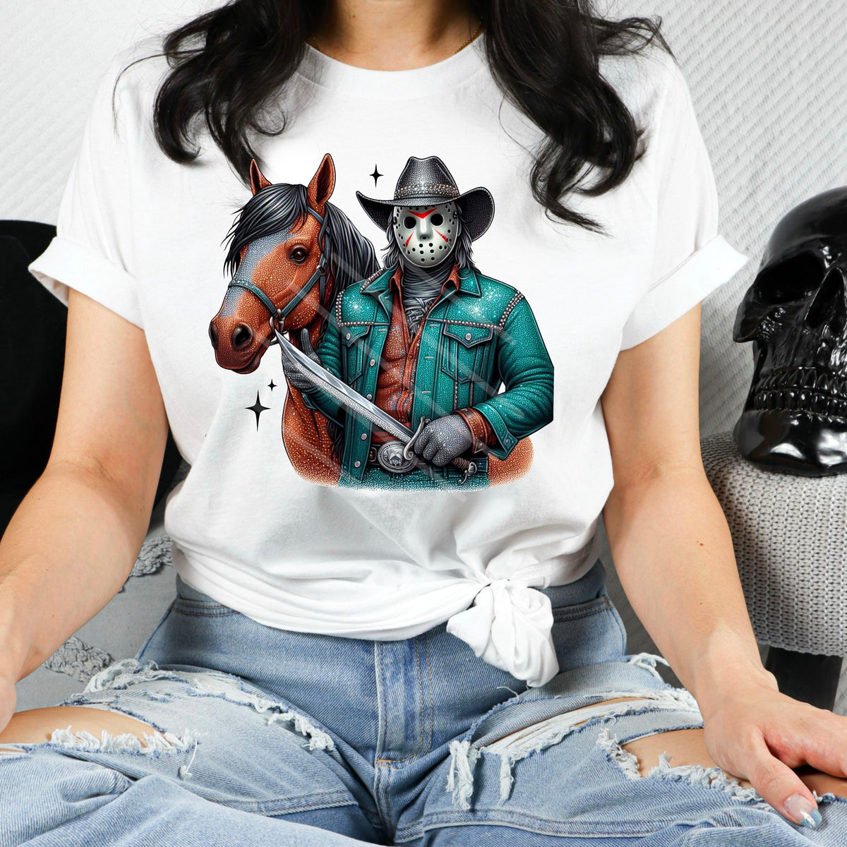 Mask with KNIFE Horse teal jacket (chaos) 110240 DTF transfer