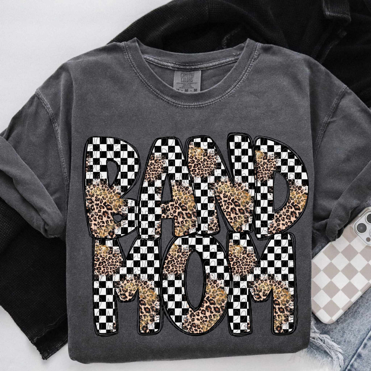 Band mom leopard and checkered font city DTF transfer