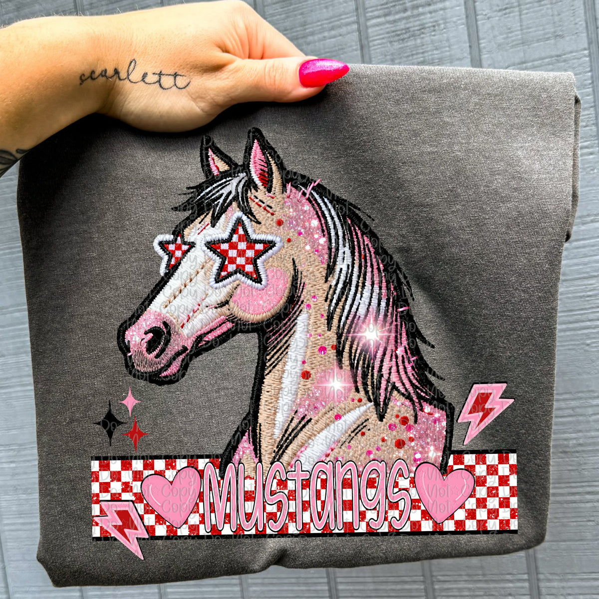 Mustangs faux embroidery valentines (virgo) DTF transfer