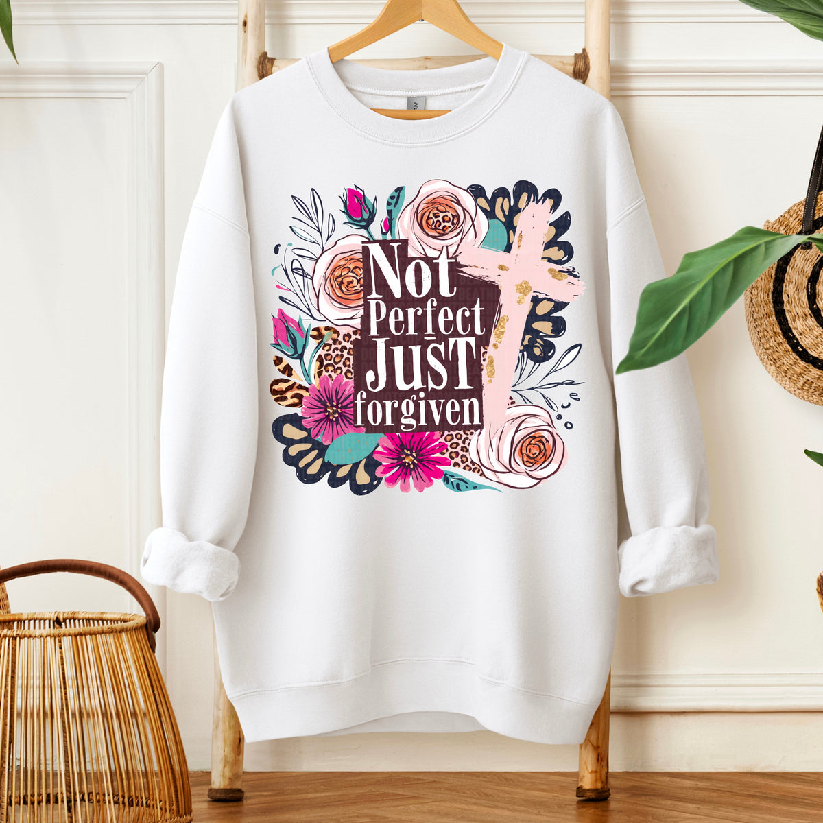 Not perfect just forgiven pink cross and florals 109758 DTF transfer