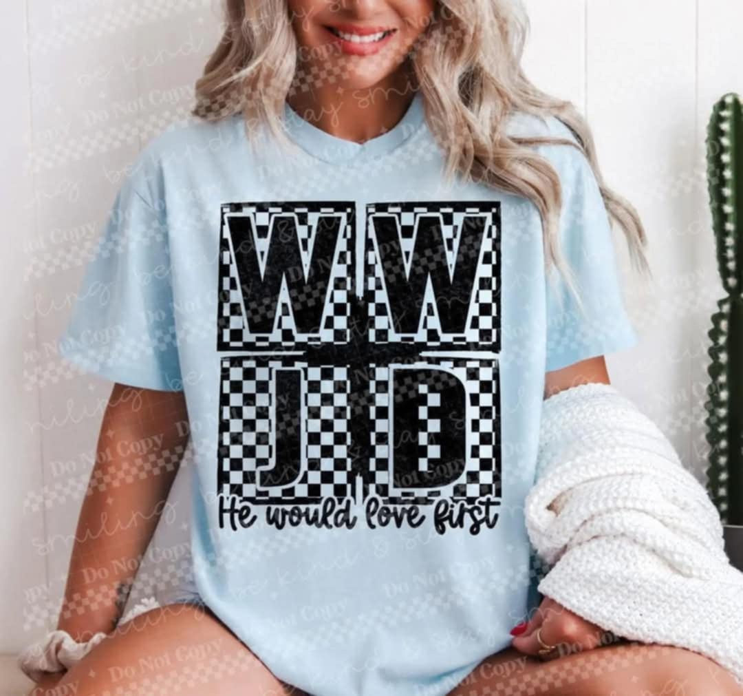 WWJD checkered background (CMLD) 94830 DTF transfer