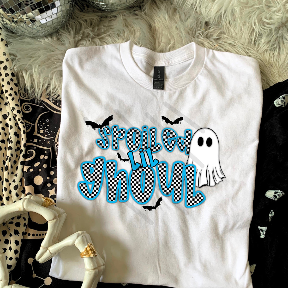 Spoiled lil Ghoul black and blue checker 110690 DTF transfer