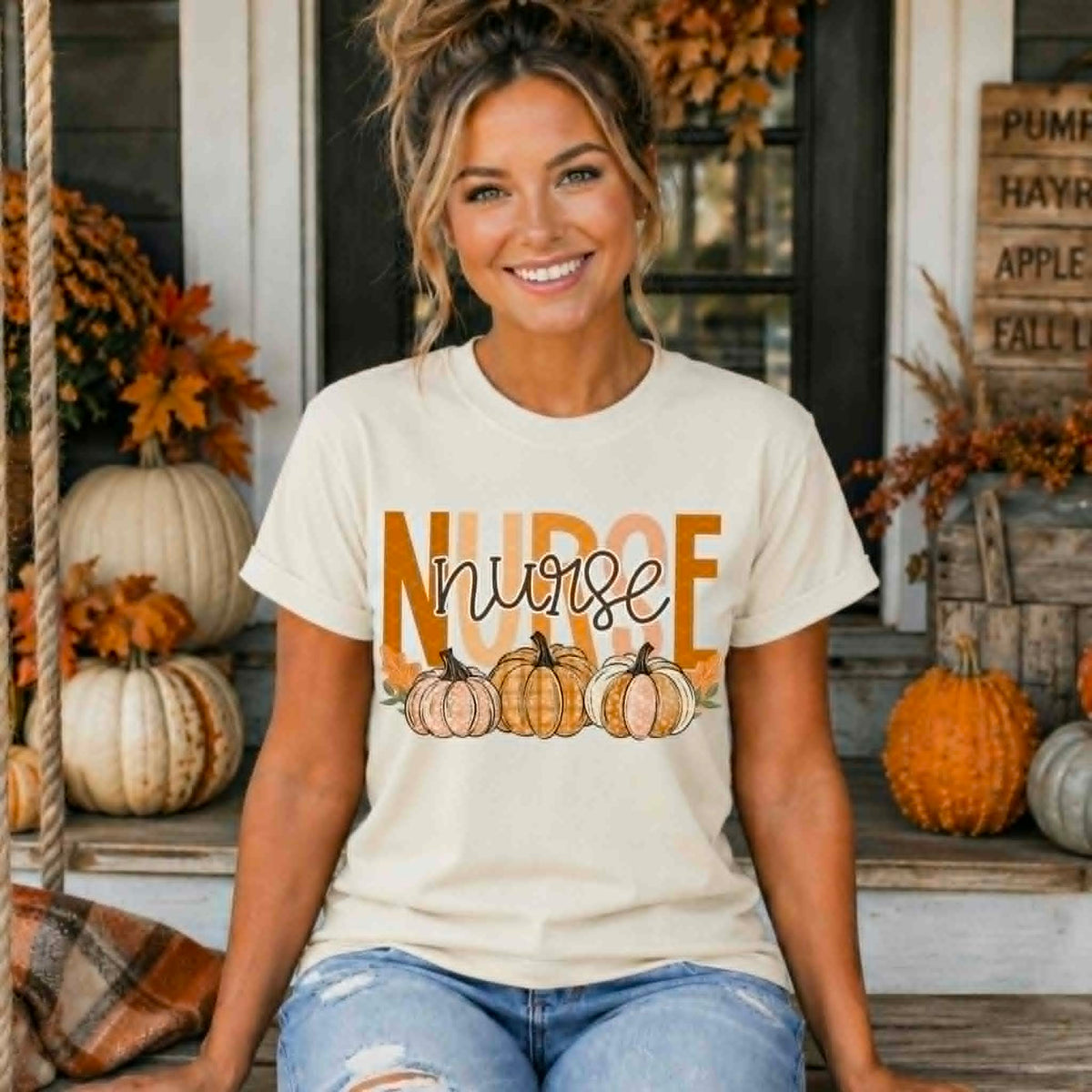 Nurse with trios pumpkins fall (SDD) DTF Transfer