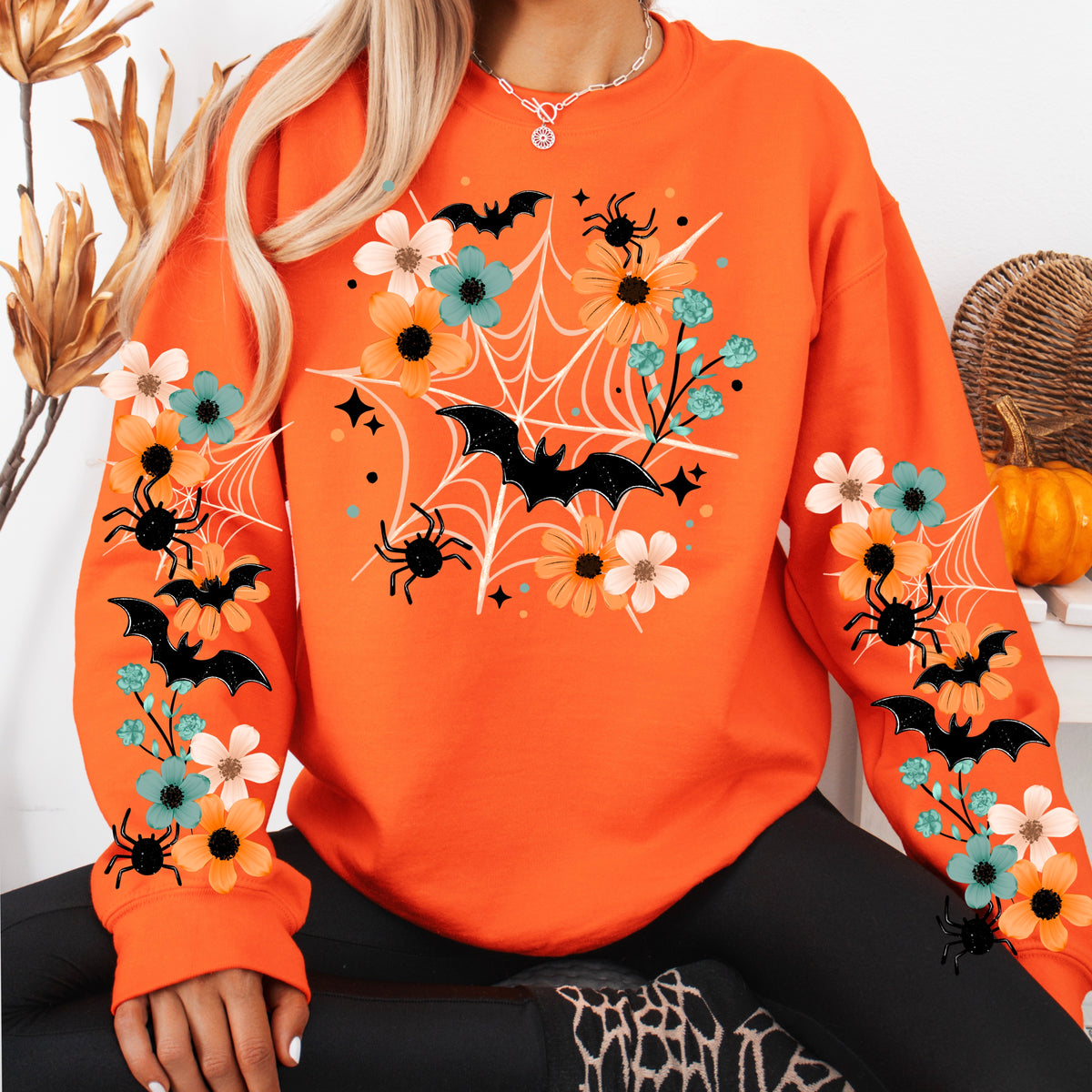 Teal and orange spiderweb florals (front only) (CSC) DTF Transfer