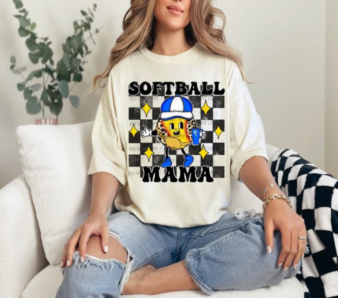 Softball mama blue character black checkered (40E) 92636 DTF transfer