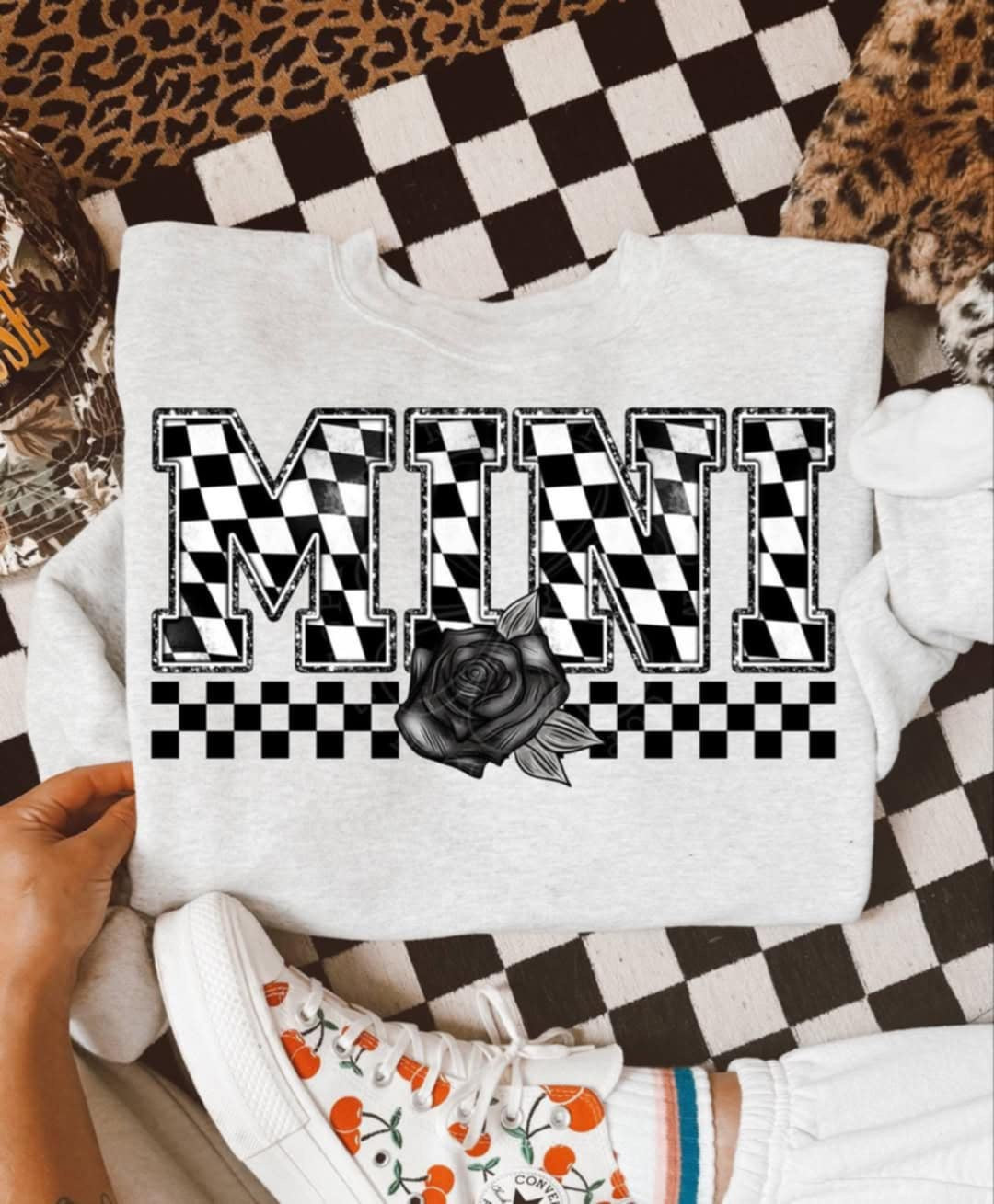 Mini checkered with black rose (Unhinged) 99331 DTF transfer