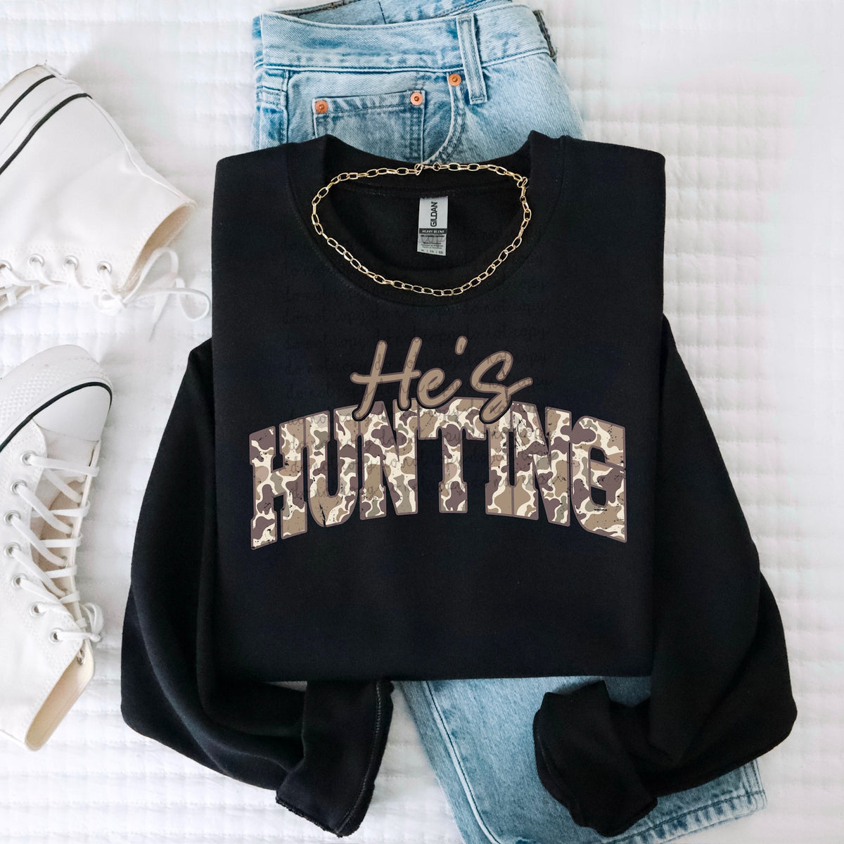 He’s Hunting Camo Varsity font 116752 DTF transfer