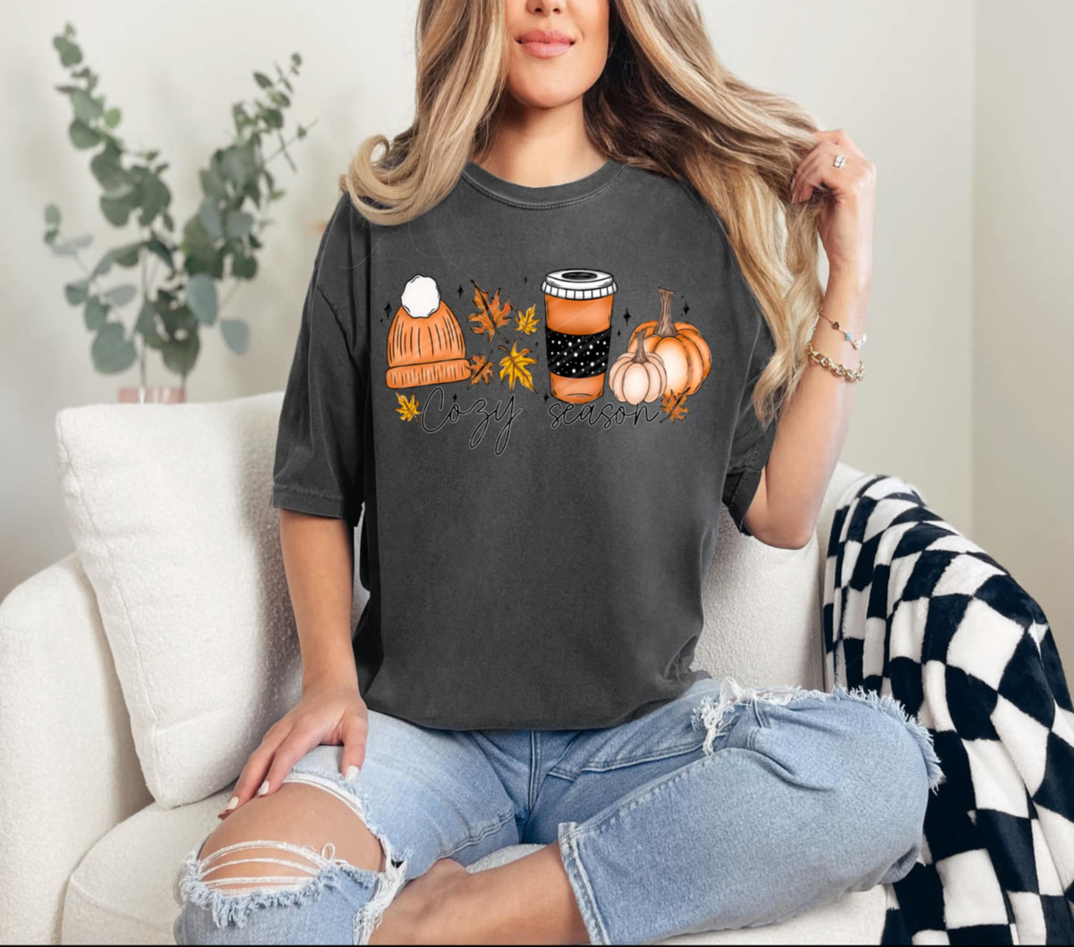 Cozy Season with beanie coffee pumpkins (linda) DTF transfer