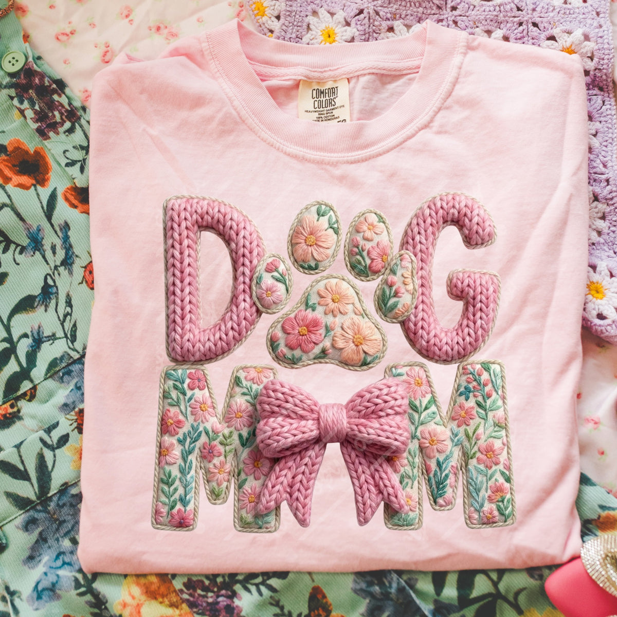 Dog mom pink faux crochet Tuesday Deal DTF