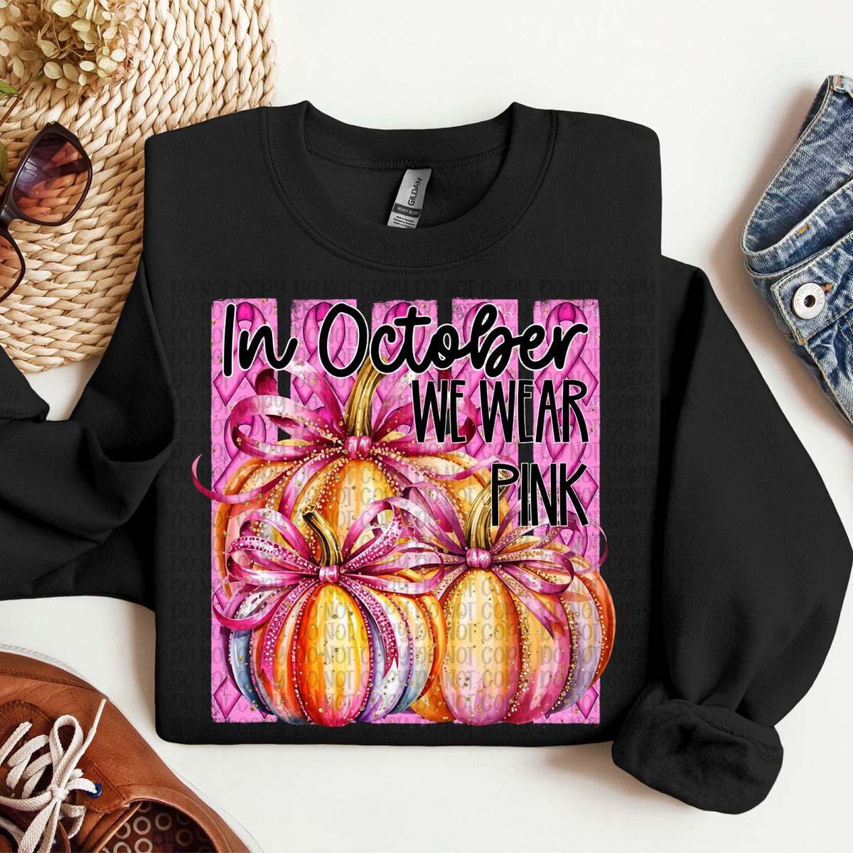 In October we wear pink striped background trio pumpkins with pink bows  (VP) DTF Transfer