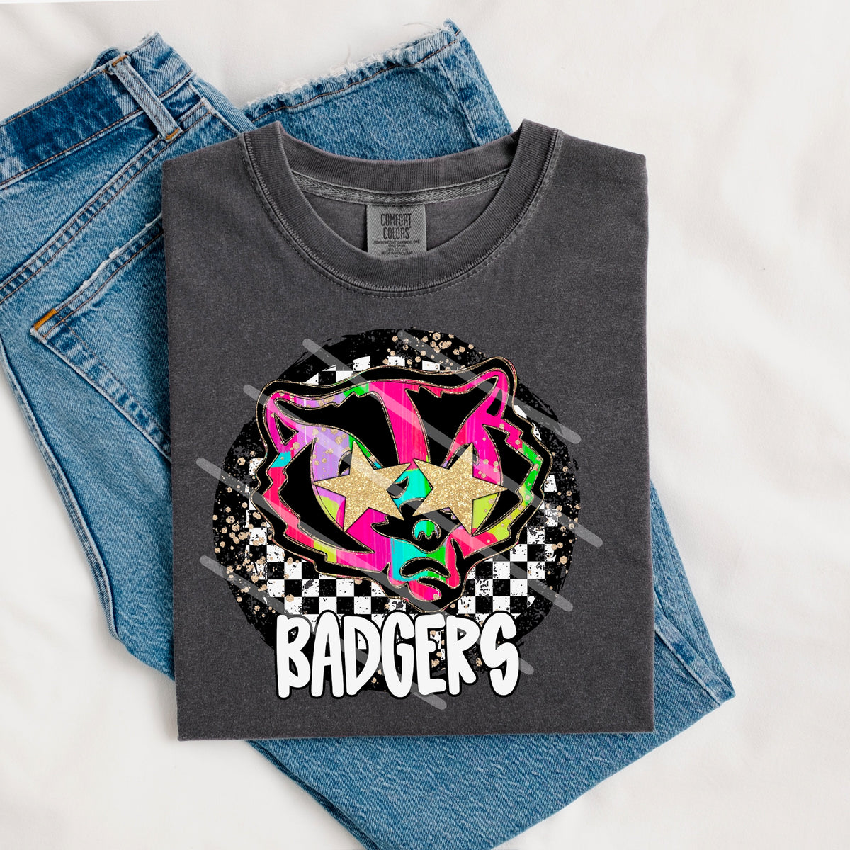 Badgers Mascot rainbow checker circle (county line) 111036 DTF transfer