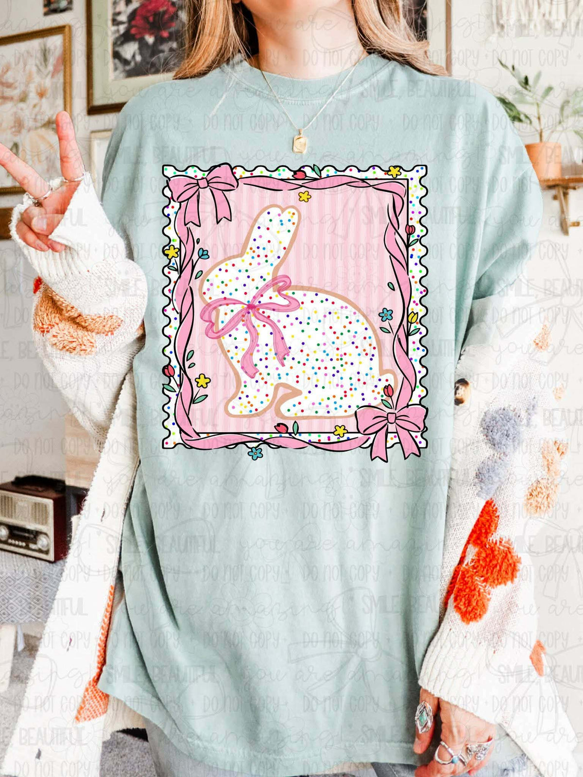 Bunny cookie with pink bow frame (mz) DTF Transfer