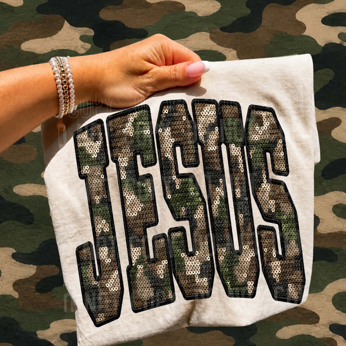 Jesus sequin camo (SBB) Sunday Special DTF transfer
