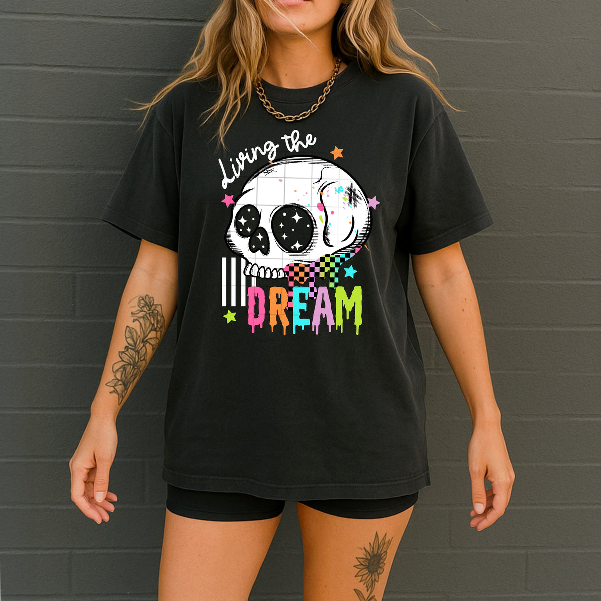 Living the Dream skull WHITE accents CSC (eyes are transparent, meant for black shirts) DTF Transfer