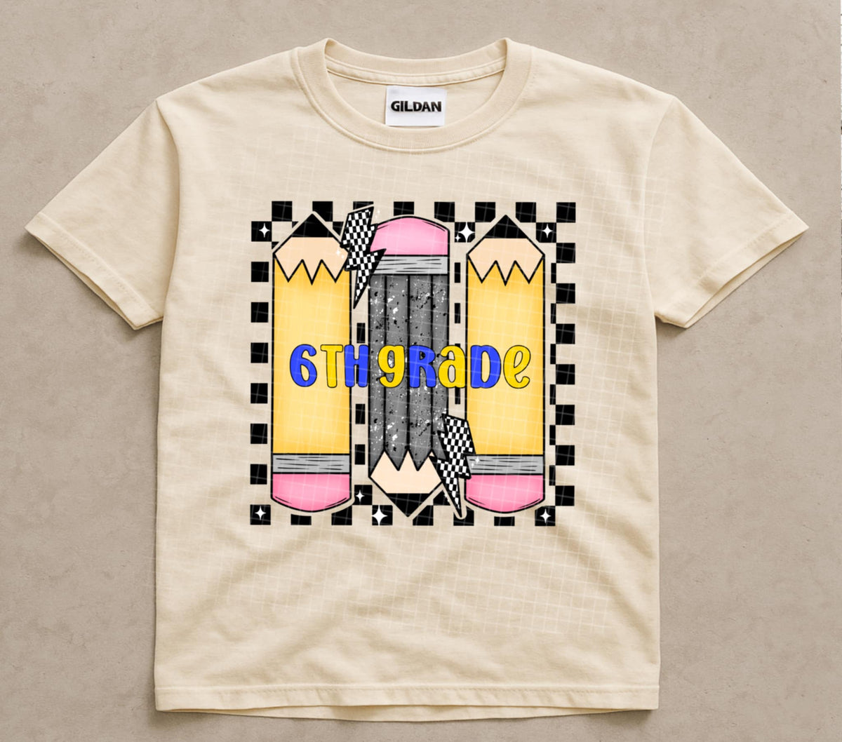 Sixth Grade Checker & Pencils (blue/yellow) (linda) DTF transfer
