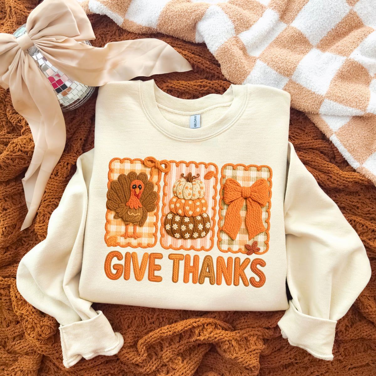 Give thanks blocks faux yarn sunday special DTF transfer