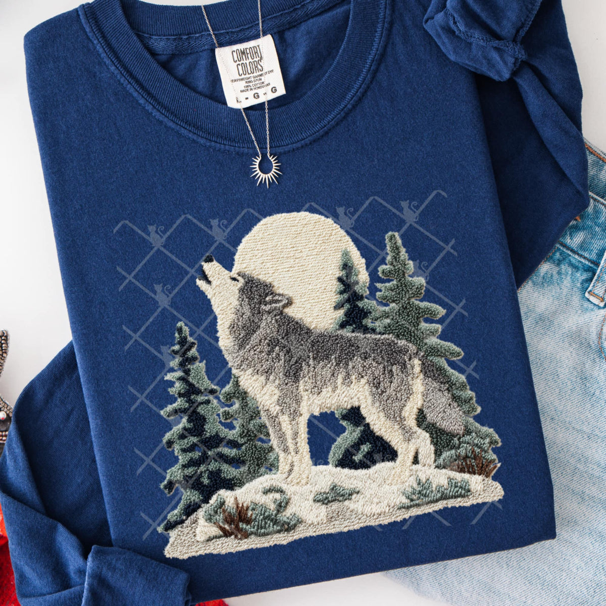 Faux Yarn Wolf and Moon (TTD) DTF Transfer