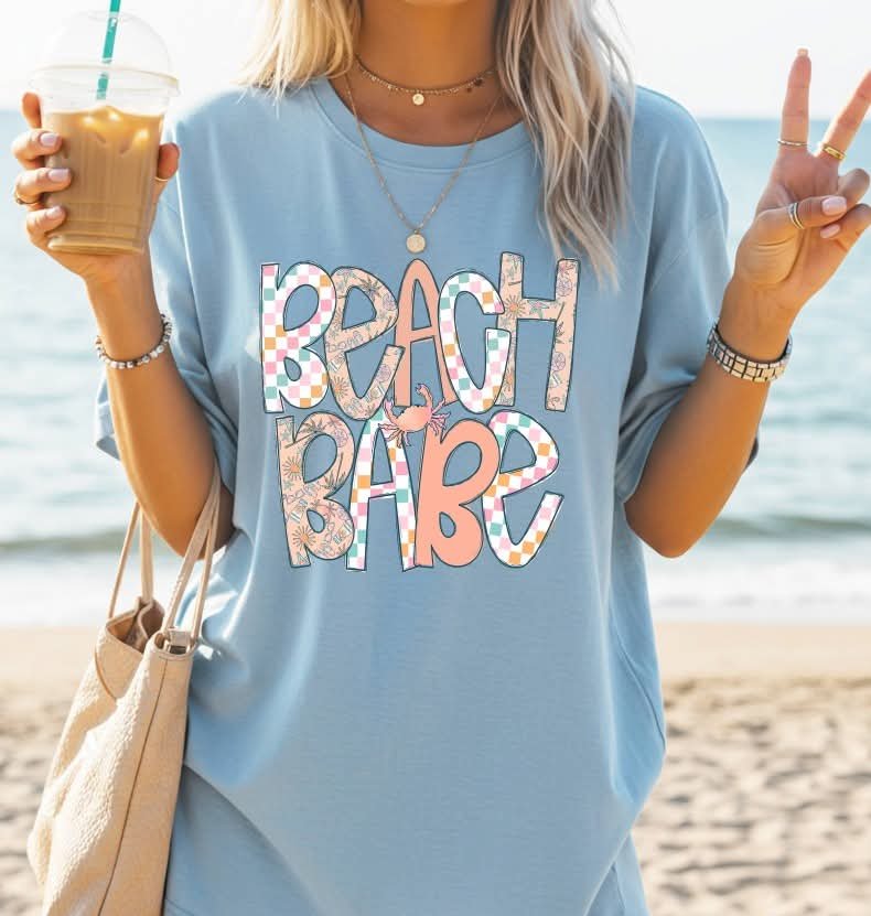 Beachy babe peach and colorful checkered (S&G) DTF Transfer