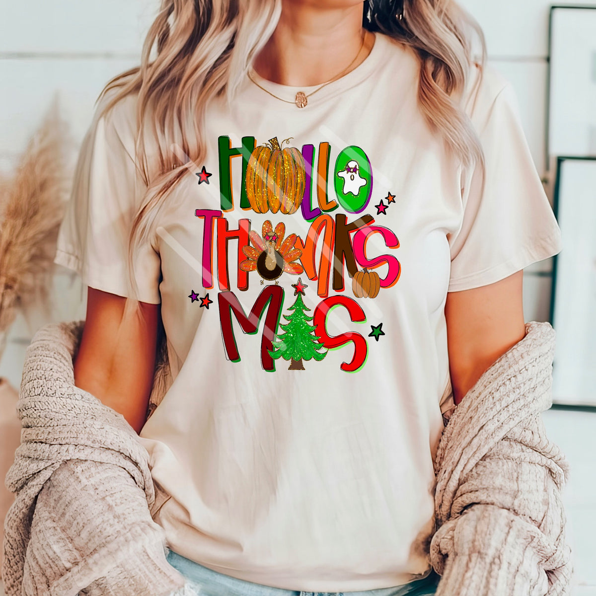 Hallothanksmas red and green pumpkin turkey tree 110546 DTF transfer