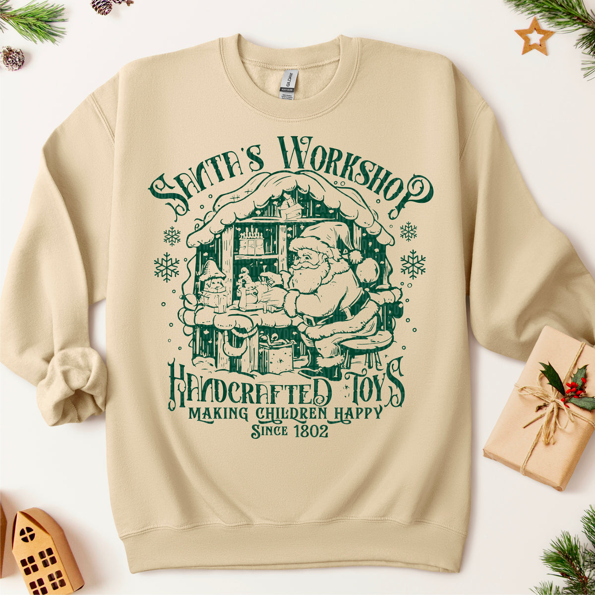 Santa’s Workshop handcrafted toys GREEN DTF transfer