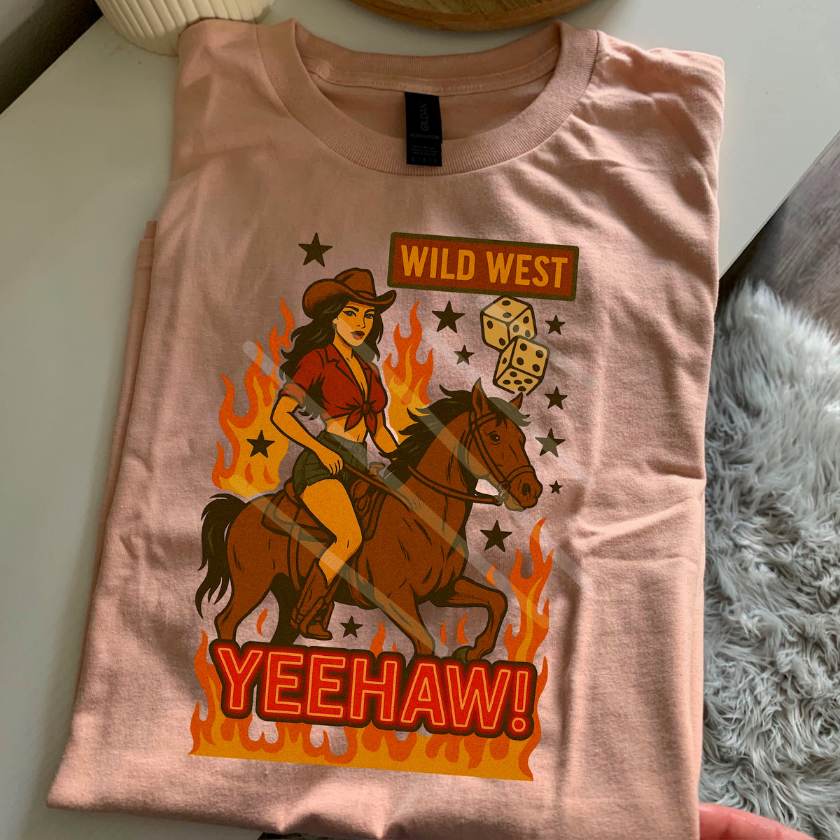 Yeehaw cowgirl on horse flames Cowgirl 110722 DTF transfer