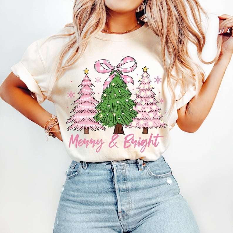 Merry & bright green and pink trees 62242 DTF transfer