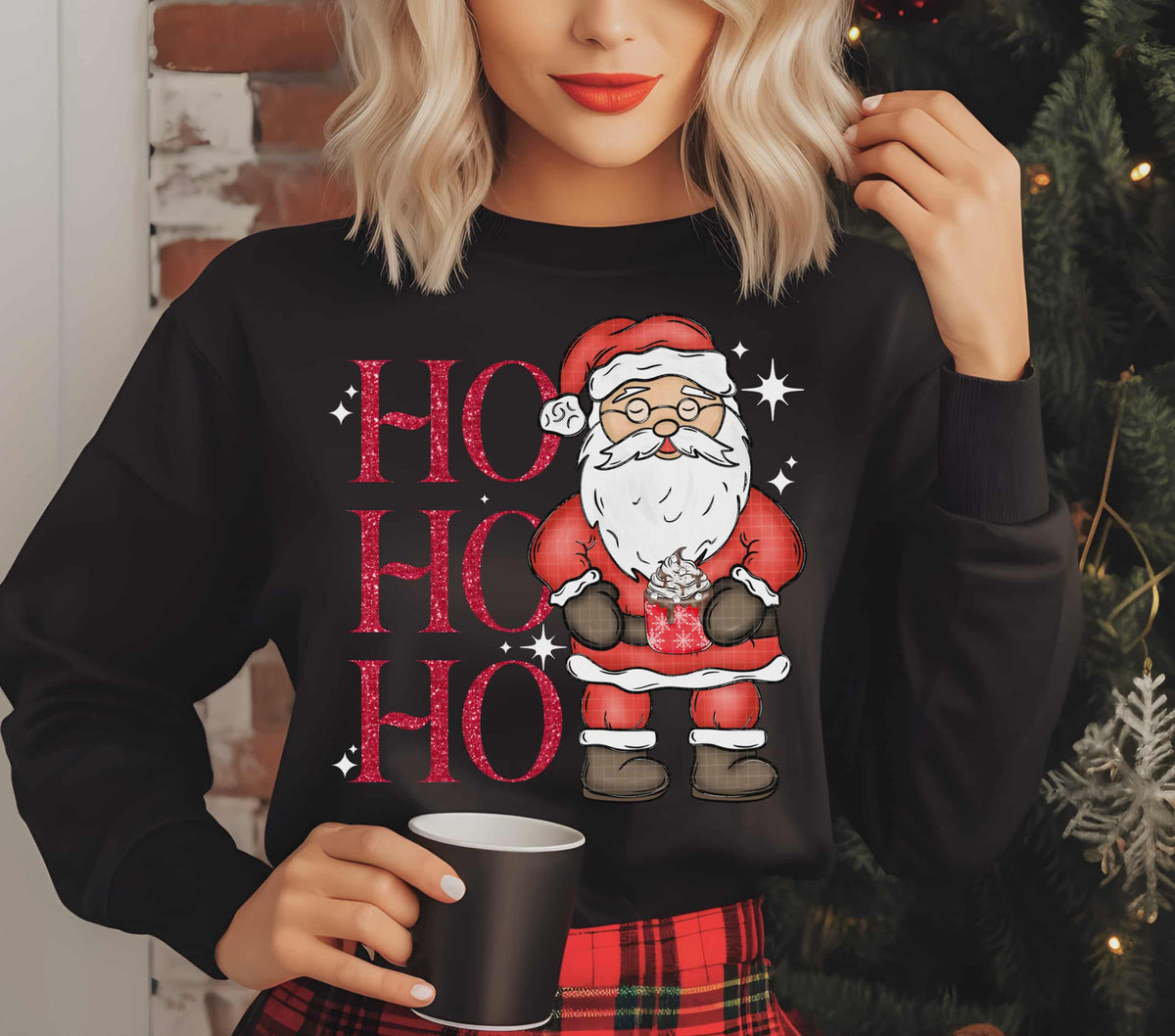 Ho Ho Ho stacked Santa light skin tone RED WORDS (linda) DTF Transfer