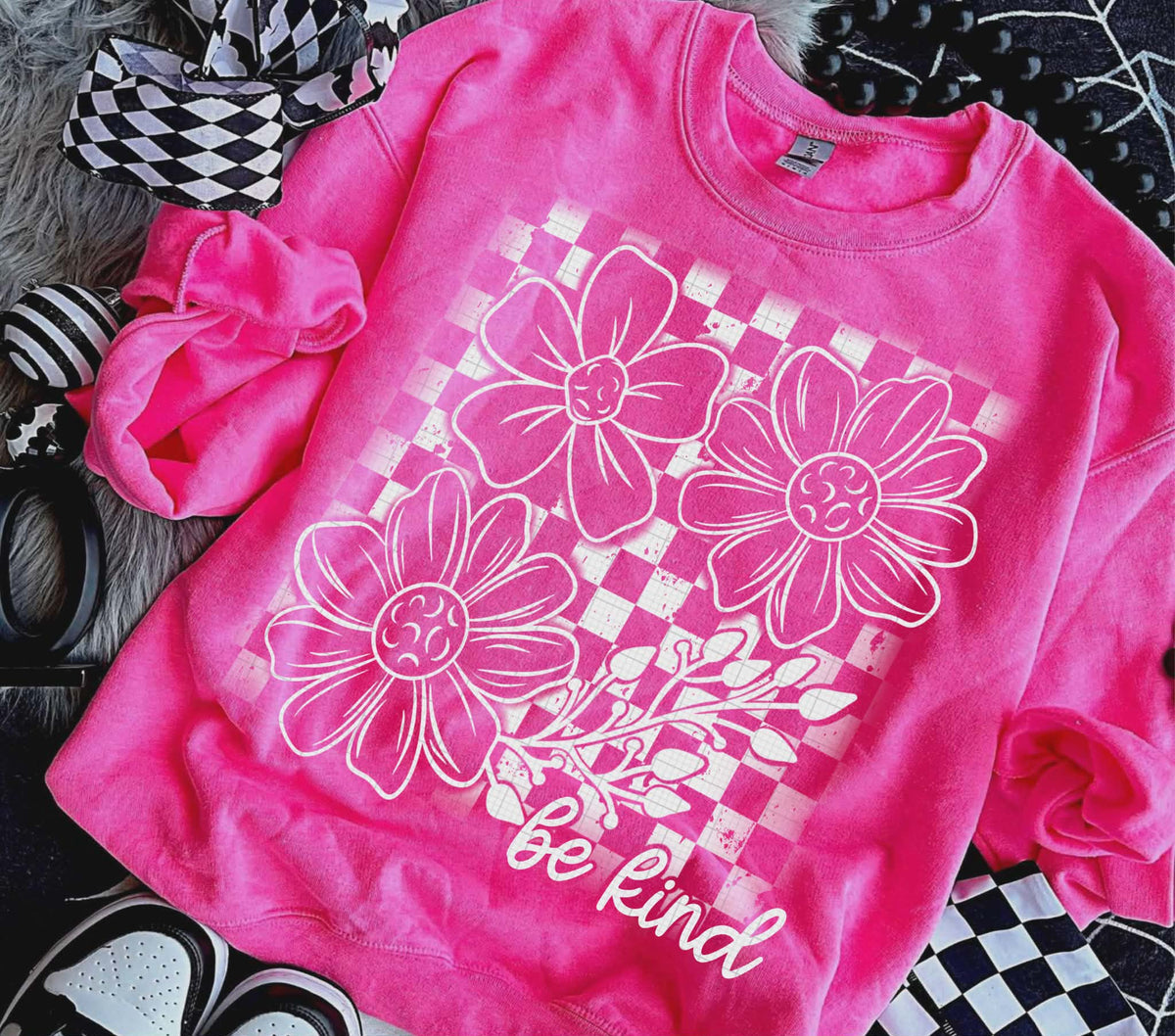 Be Kind flowers and checker WHITE (LINDA) DTF Transfer
