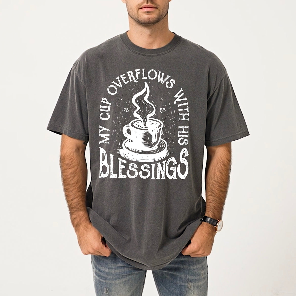 My cup overflows with his blessings (white) DTF Transfer