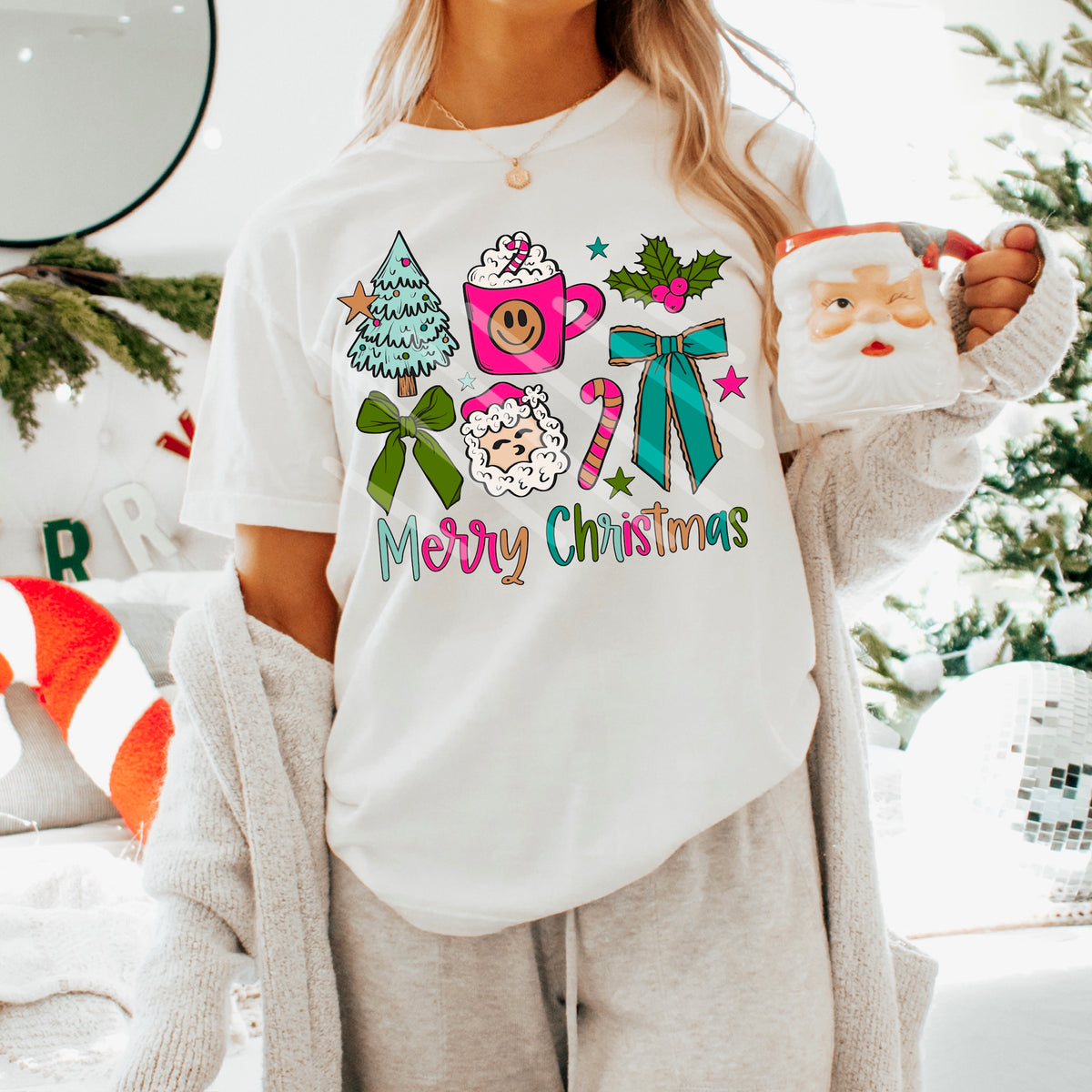 Merry Christmas pink and teal lighter skin tone Santa (scarlow) 114355 DTF transfer