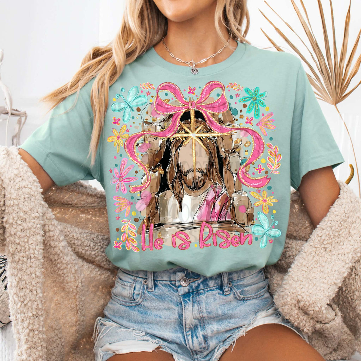 He is risen pink bow Sunday Special DTF transfer