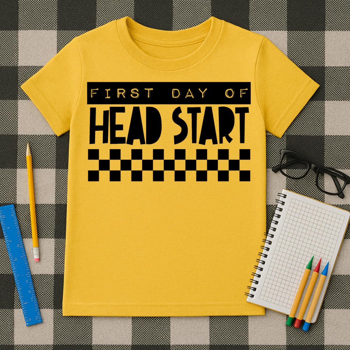 First Day Head Start Block Letters and Checker BLACK DTF transfer