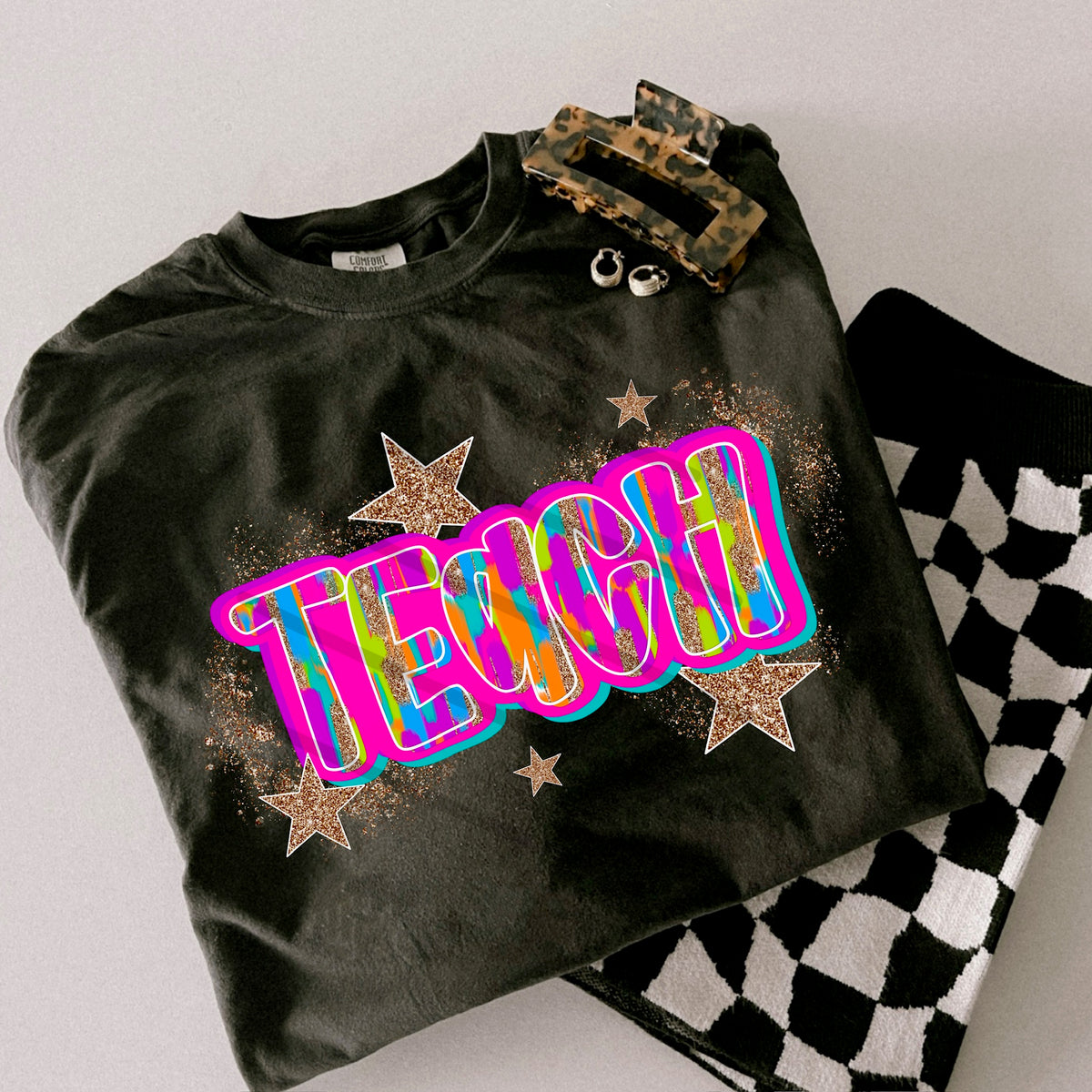 Teach Grade Rainbow and glitter gold stars scarlow 110397 DTF transfer